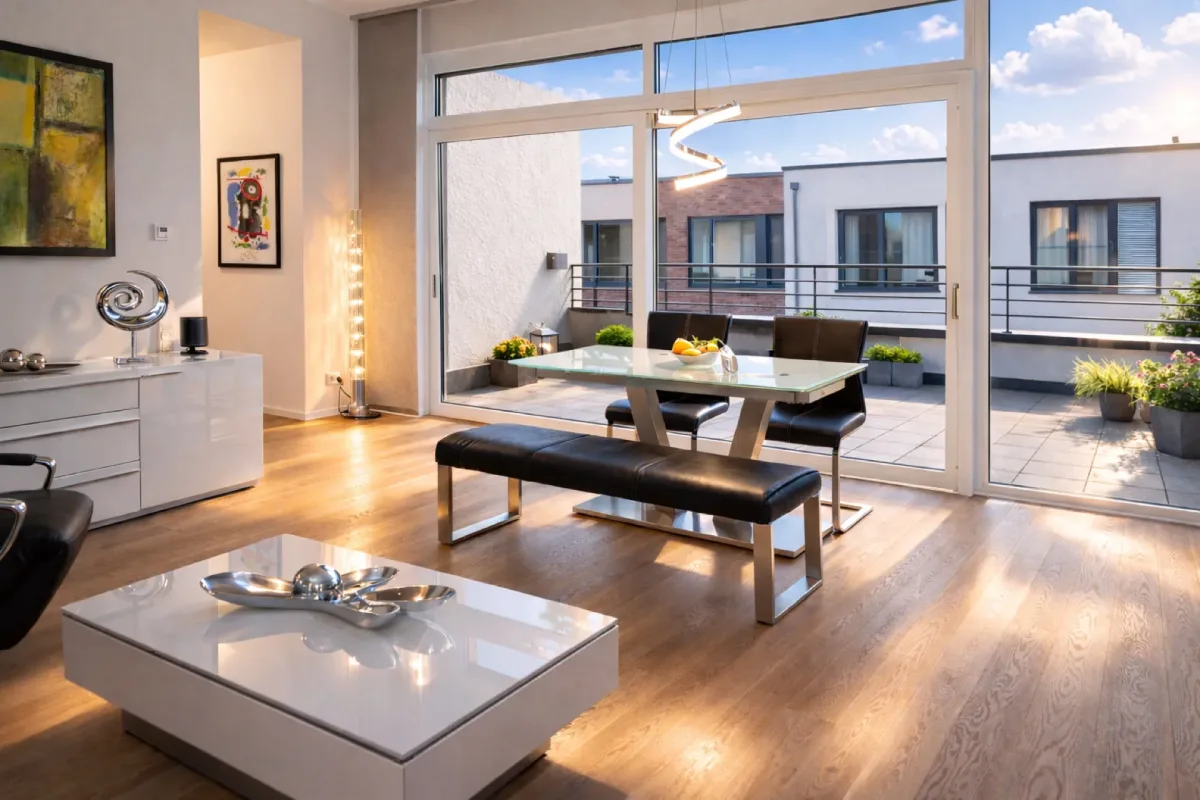 Modernes Wohnzimmer einer von VandeLejk Immobilien vermittelten Immobilie